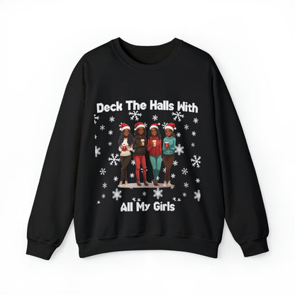 close up image Ugly Christmas Sweater - Deck The Halls With All My Girls Unisex Sweatshirt